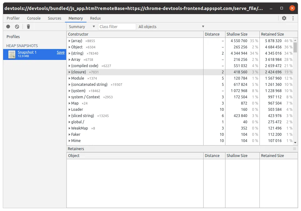 Comparaison des snapshots mémoire dans Chrome DevTools